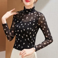 2022 early spring new middle neck bottomed blouse womens thin blouse fungus collar printed yarn blouse womens blouse