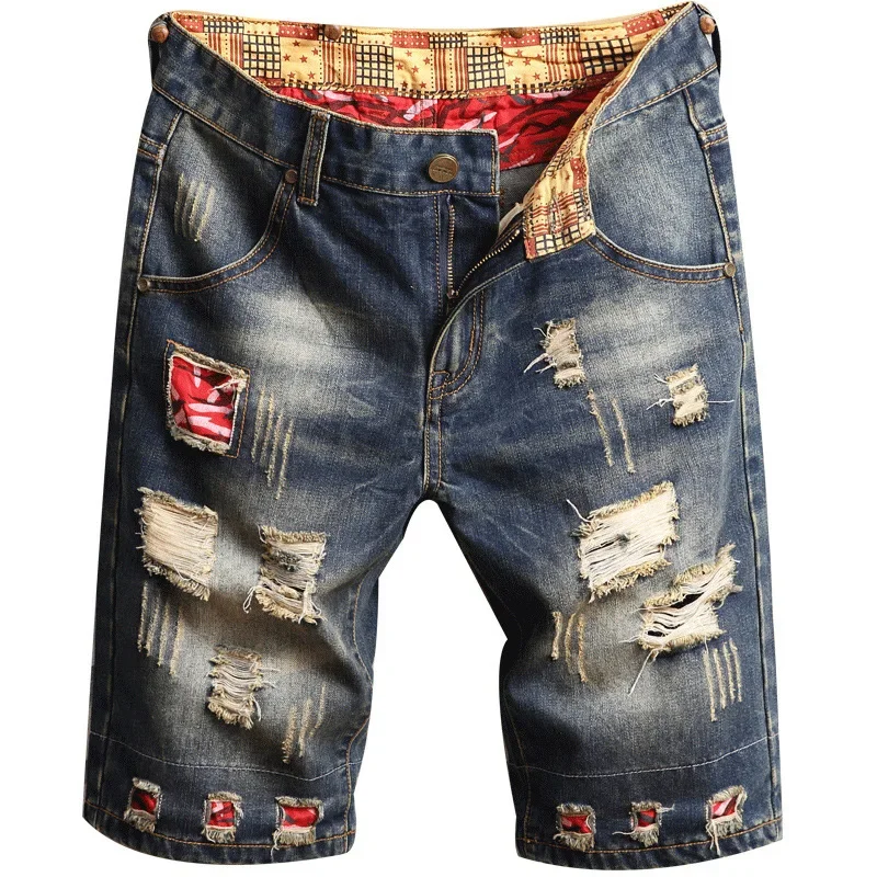 Hole Vintage Men Jeans Shorts Denim Distressed Knee Length Pockets Spliced Cuffs Skinny Washed Punk Style Ripped Mid Waist 2025