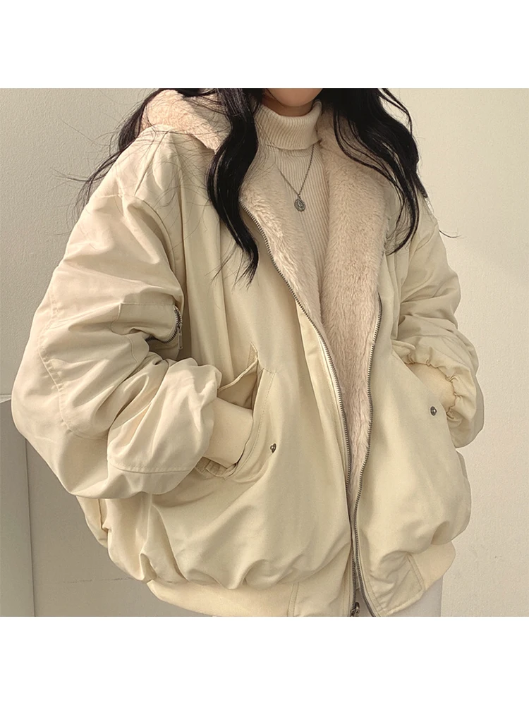 2022 Winter Women Short Parkas Lambs Wool Cotton Padded Coat Y2k Thick Puffer Fluffy Jacket Outer Oversized High Quality Warm