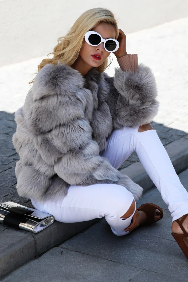 ICCLEK Autumn and winter new 2018 fox fur faux fur coat women's short long sleeve fur faux fur coat