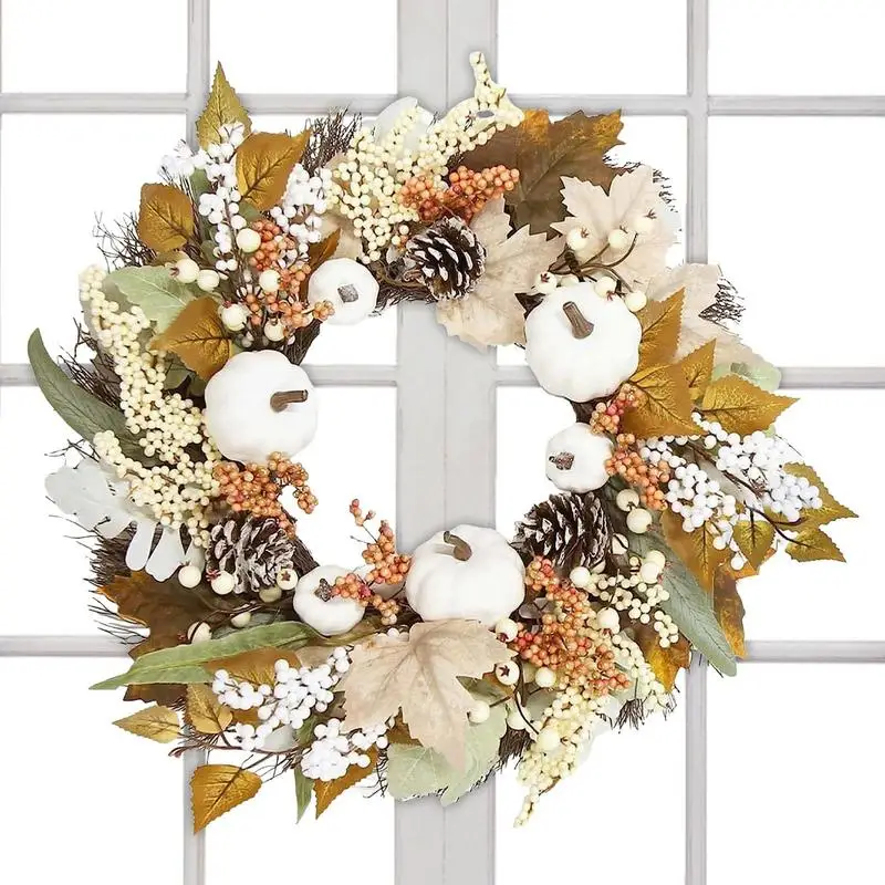 

Осенний венок для входной двери, Осенний венок с листьями и цветами, искусственные осенние листья 17,7 дюйма, венок с урожаем белой тыквы