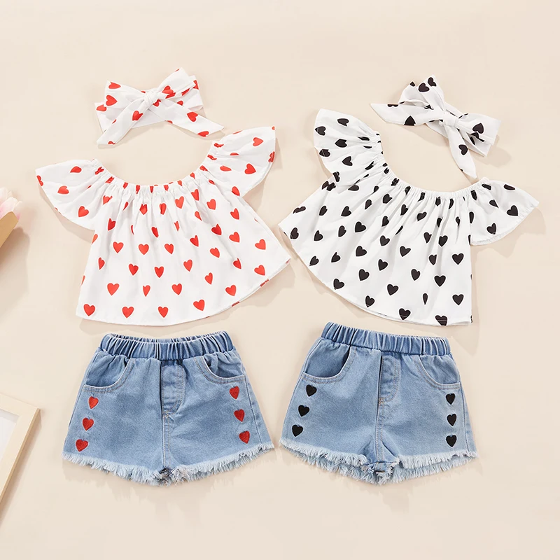 

Valentines Days Summer 3pcs Kids Girls Clothes Sets 1-6Y Heart Printed Off Shoulder Short Sleeve T Shirts+Denim Shorts