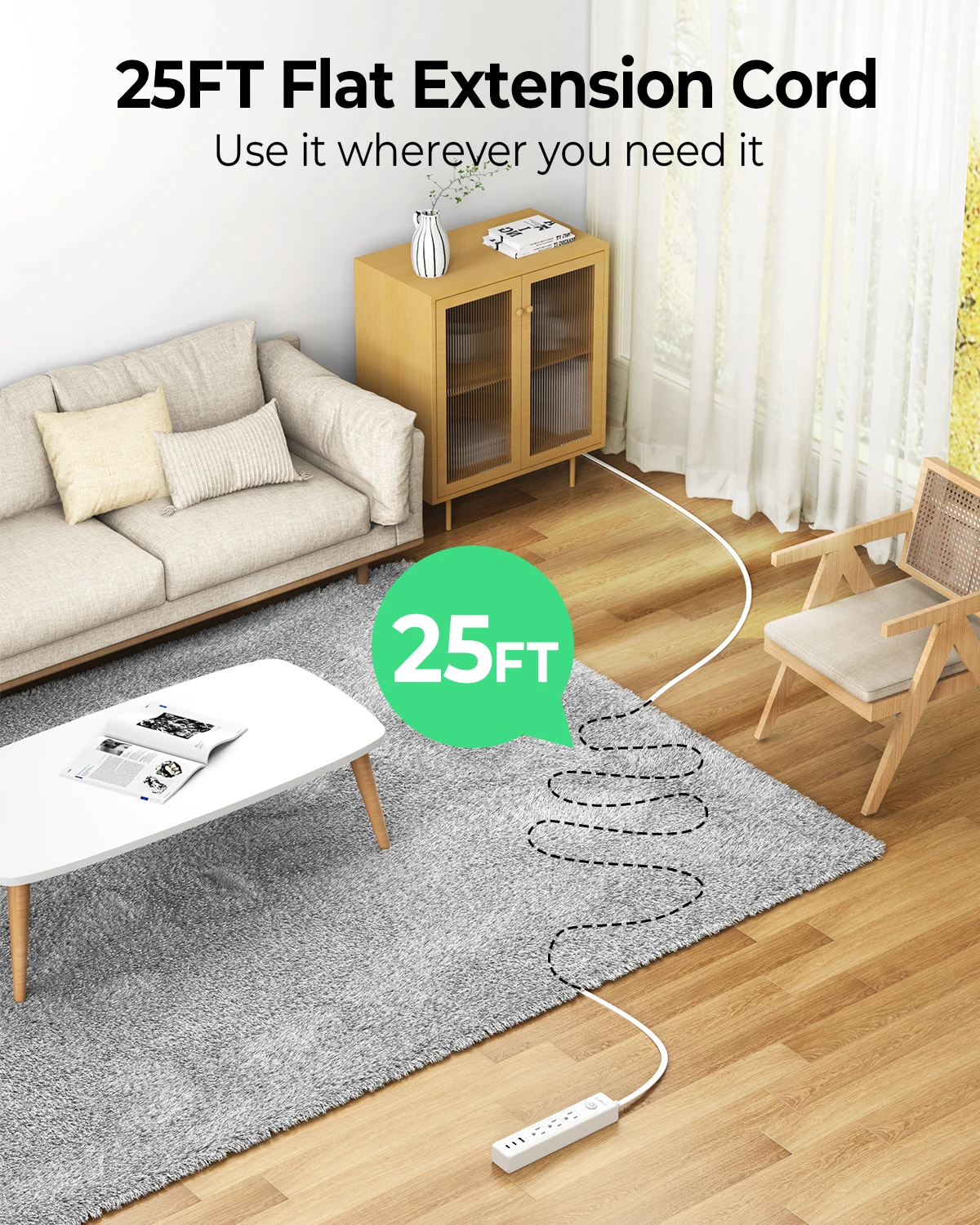 Фото ORICO 6-в-1 USB C удлинитель с плоской вилкой 3AC 2USB-C QC15.5W для путешествий, домашнего офиса, 7 защитных устройств ​ №5