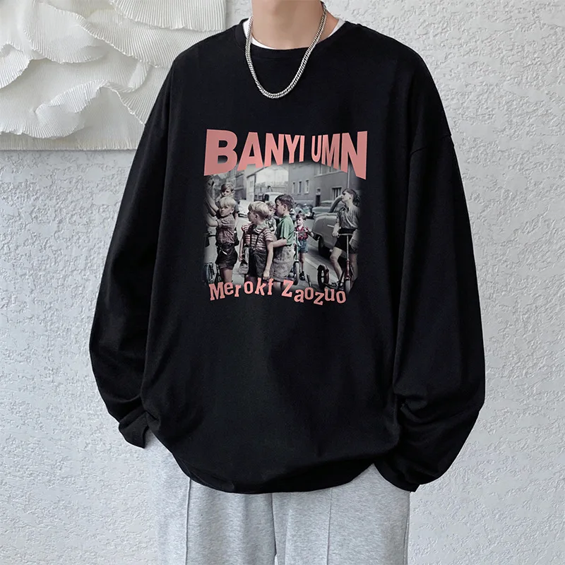 

Autumn T-Shirts Men 100% Cotton Tees Long Sleeve Basic Tshirts Male Loose Tee Shirt Boy Pattern Print Plus Size High Streetwear