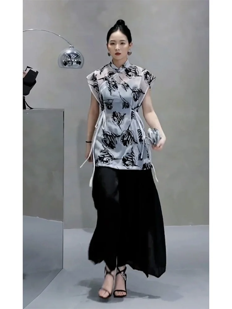 Powerful Women's Wear Set 2023 Summer New Chinese Style High Grade Black Rose Shirt Dress