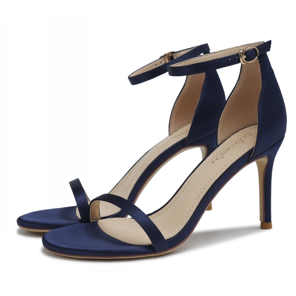 2022 New Summer Elegant Women Silk Blue Wine Red 8cm Thin High Heels Fashion Wedding Party Banquet Shoes Big Size Sandals O0017