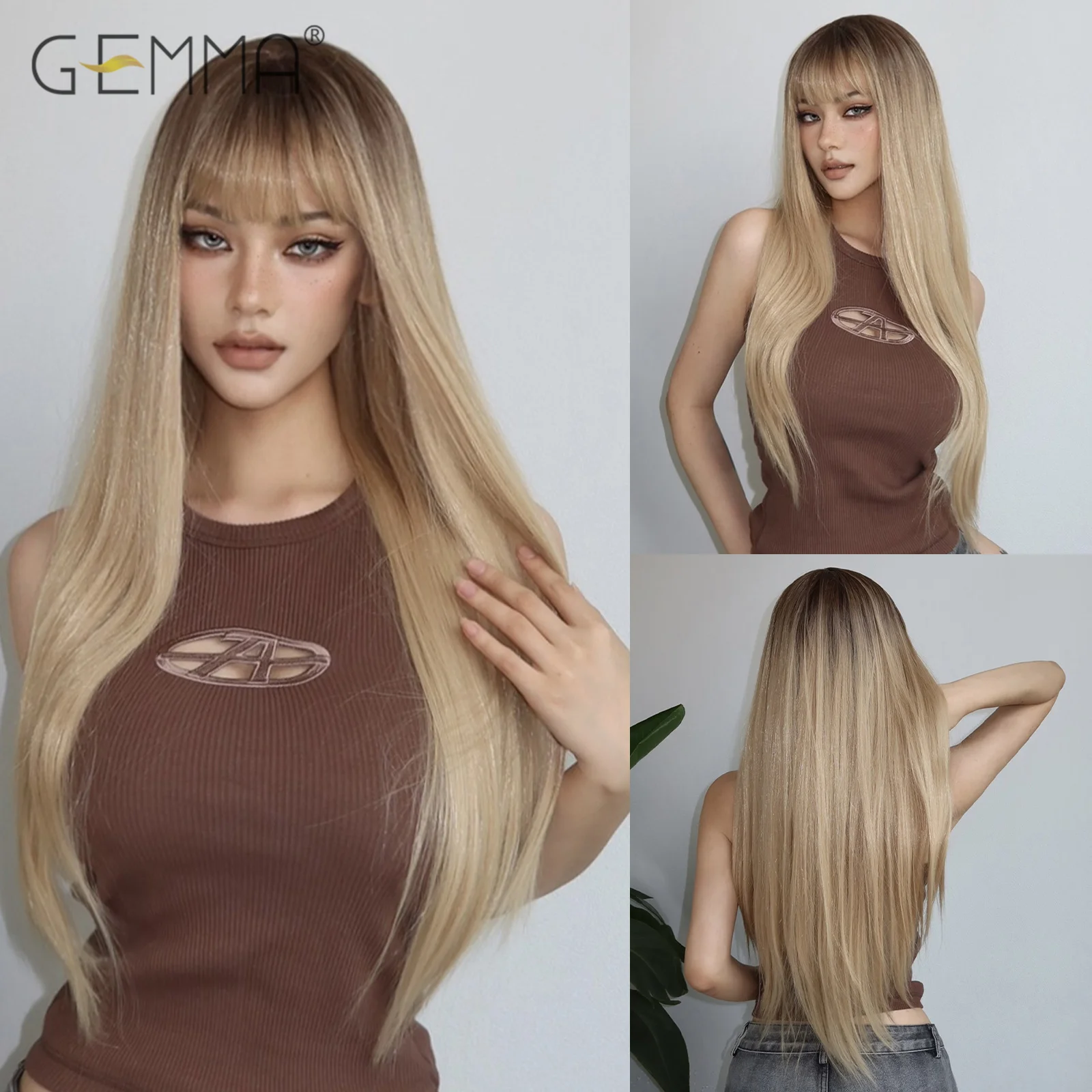 

Ombre Ash Blonde Synthetic Wig with Bangs Long Straight Dark Root Wigs Heat Resistant Natural Hair for Women Cosplay Daily Use
