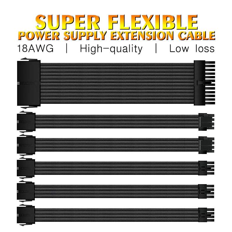 Computer PC Flexible 18AWG Power Supply PSU Sleeved Extension Cable Combo Kit ATX 24PIN CPU GPU PCIE 8Pin 6PIN Module Cord