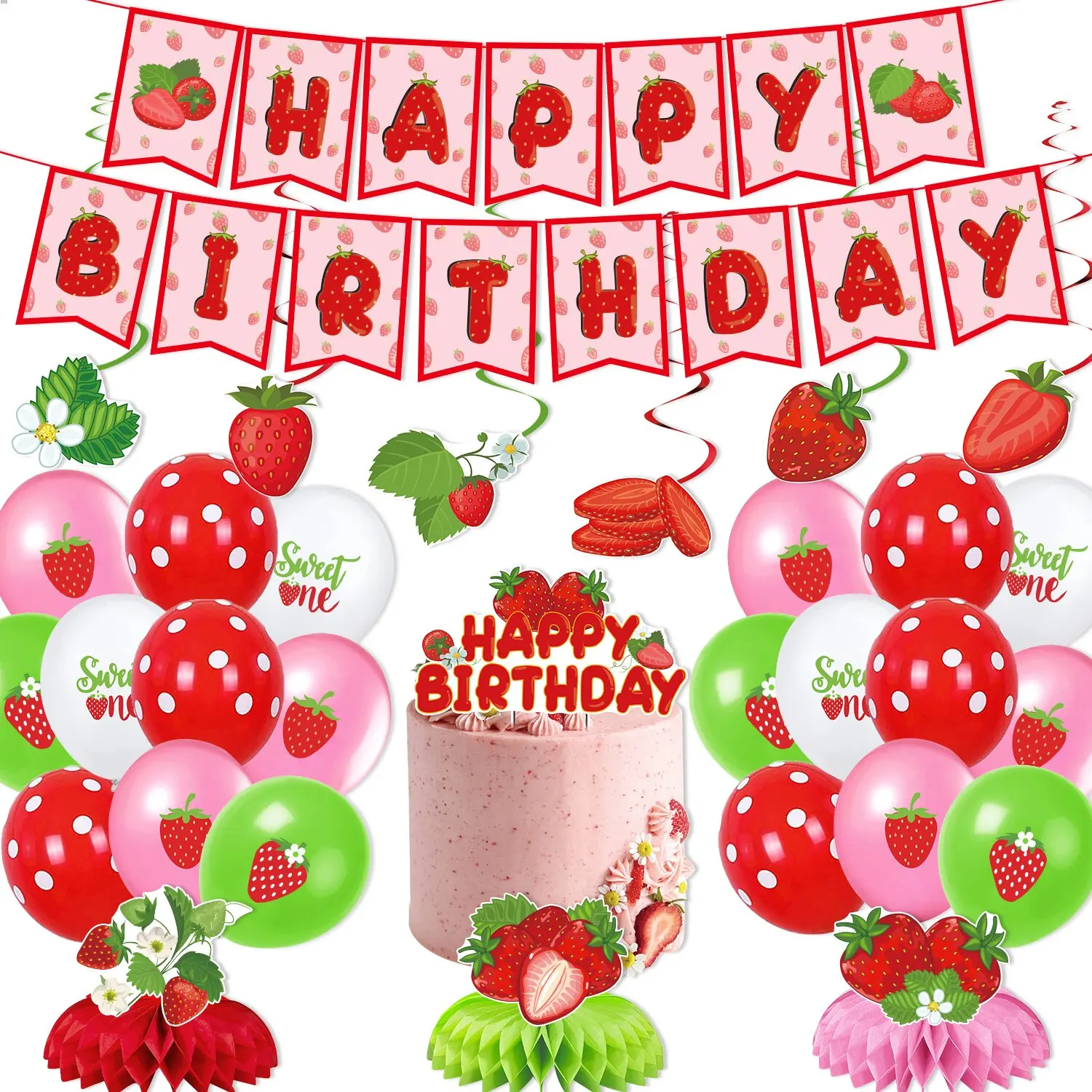 

Sursurprise Berry Sweet Strawberry Theme Birthday Party Decorations Red Pink Balloons Banner Cake Topper Honeycomb Centerpiece
