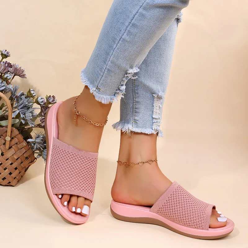 

Summer Women Slippers Knitting Casual Mesh Fabric Sandals Lady Slides Flats Women Shoes for Women 2022 New Large Size 36~43