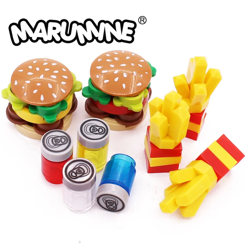 Marumine Mini Food Toys Building Blocks Hamburger Pizza Fries Cake Dessert Chocolate Cookies MOC Bricks Plastic Assemble Part