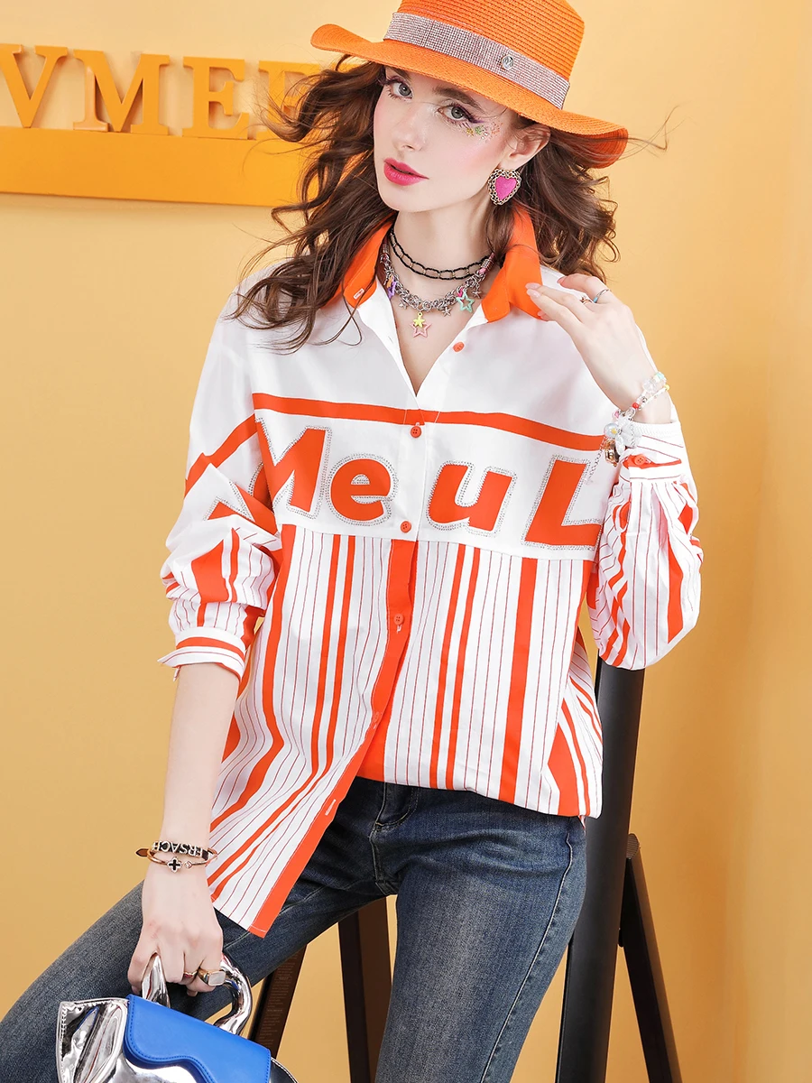 2024 Early Autumn European Goods Trendy Ozhouzhan Stripe Heavy Industry Top Shirts blouses Temperament Slimming Shirt E22