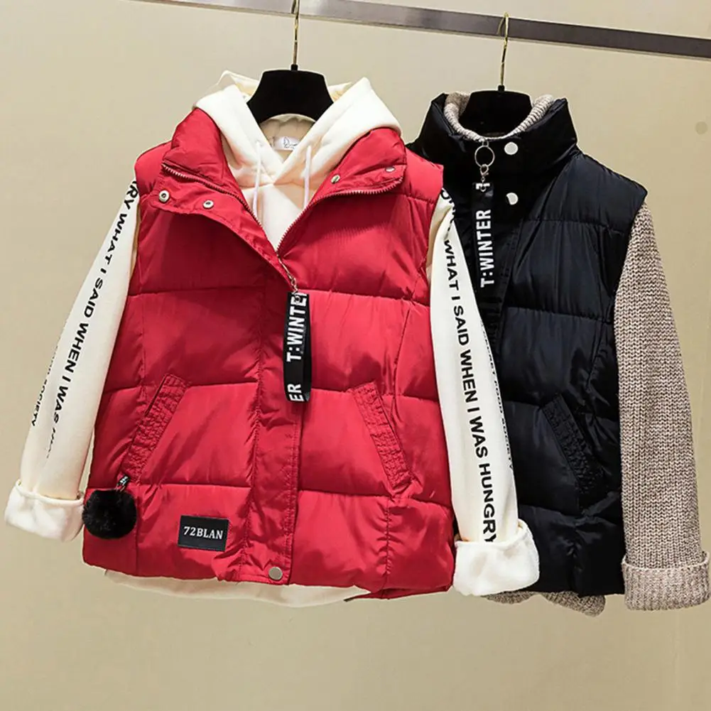 

Plush Ball Decor Comfortable Unique Cutting Winter Warm Women Stand Collar Padded Puffer Vest Vest Jacket Outerwear