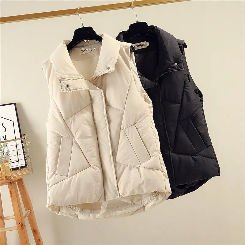 

Woman Sleeveless Jacket Female Turn-down Collar Cotton Padded Waistcoat Ladies Streetwear Pocket Jacket Fashion Quilted Coatg45