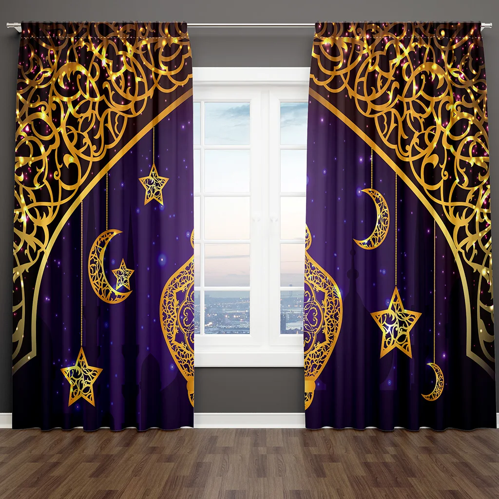 

3D Digital Print Ramadan Festival Purple Polyester Thin Shading Window Curtain for Living Room Bedroom Bathroom Decor Hooks