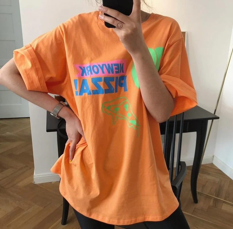 Womens Fun Cartoon Letter Printing Short-sleeved T-shirt Loose Fashion Comfortable Top Womens Cotton Summer Letter Color Top