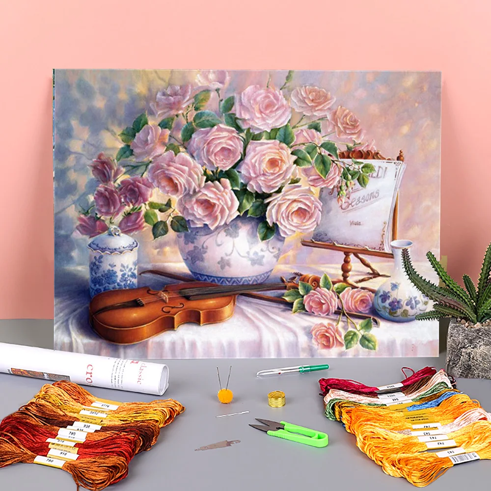 

Flower Rose Printed Water-Soluble Canvas 11CT Cross-Stitch Set DIY Embroidery DMC Threads Knitting Handicraft Design