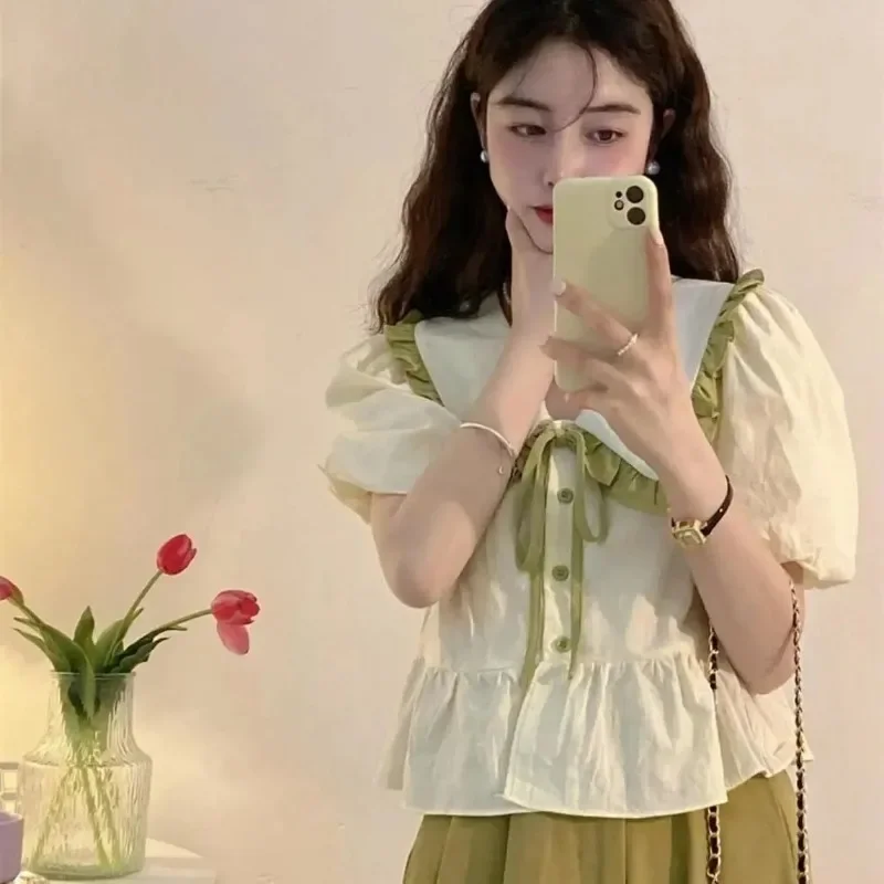 Рубашка с милым бантом и кукольным вырезом Blusas Mujer De Moda 2024 Verano летний укороченный