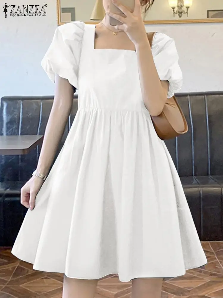 

2022 Summer Solid Dress ZANZEA Party Elegant Ruffle Swing Robe Women's Holiday Puff Sleeve Vestidos Casual Knee Dresses Oversize
