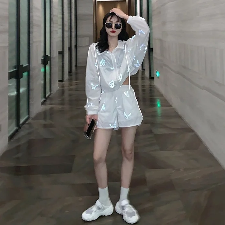 Butterfly Reflective Girl Sexy Streetwear Gothic Sportswear Women Summer Two Piece Sets Hooded Thin Loose Top and Short Pants