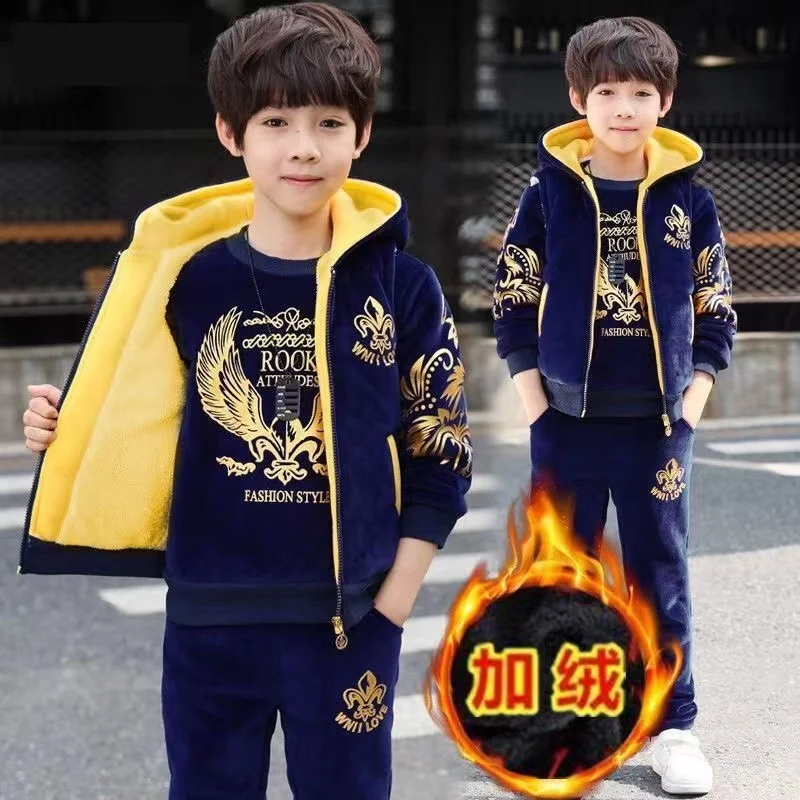 Boy Three-pieces  Fleece Suit  New Winter 2022 Children's Winter Velvet Vest Suits  Kids Clothes Boys