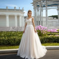 classic wedding dress o neck buttons tulle exquisite appliques sleeveless princess mopping gown robe de mariee for women