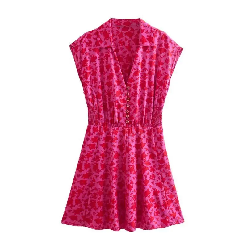 

2022 Women Summer Mini Dress Turn Down Collar V-neck Elastics Waist Ladies Female Dresses Printing Sweet