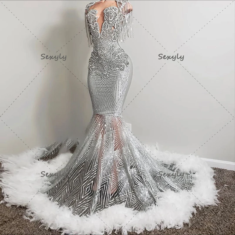 Glitter Silver Feather Prom Dress 2023 For Black Girls Sparkle Mermaid Sequin Evening Dress Aso Ebi Luxurious Formal Dance Gown