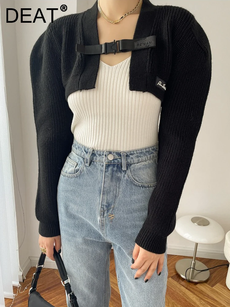 

DEAT Fashion Women's Knitted 2 Pcs Set Single Breasted Short Cardigan V-neck Wide Shoulder Strap Sling Suit Autumn 2023 7AB229