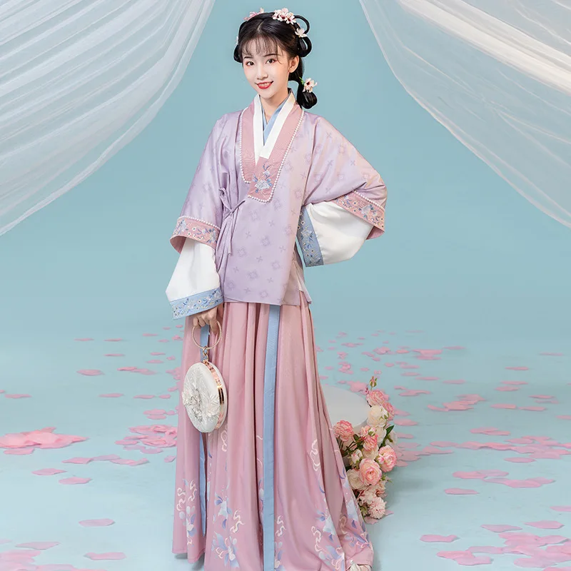 

Lady New Arrival Original Chinese Style Retro Flower Print Hanfu Dress Women Oriental Traditional Fluffy Three Piece Suit Skirt