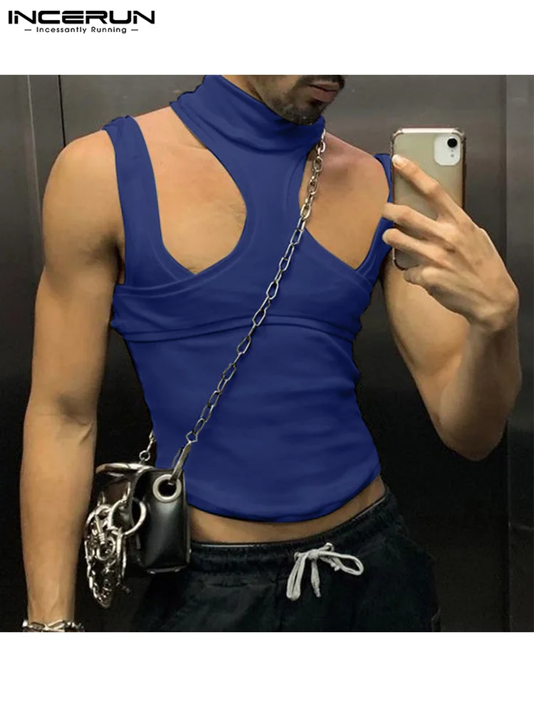 

Модные мужские майки INCERUN, однотонная ажурная водолазка, уличная одежда, Необычные жилеты, мужские сексуальные топы без рукавов, 2022