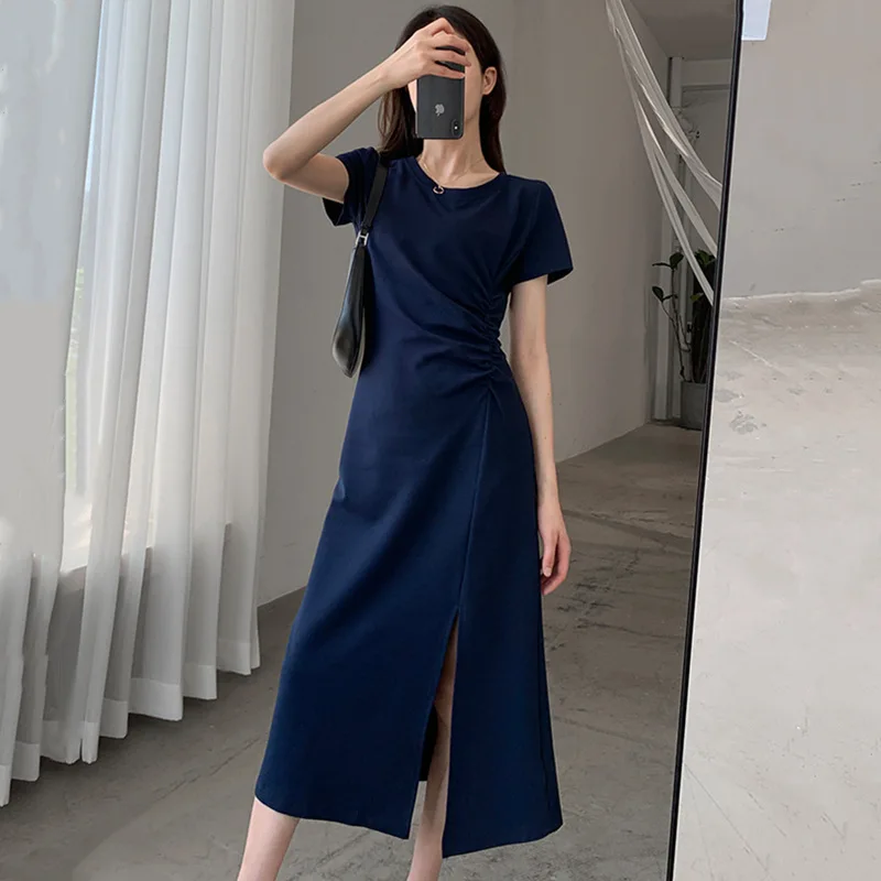 Купи 2022 Summer New Fashion Navy Blue Dress Solid Color Round Neck Is Thin And High-End Temperament Slit Long Skirt за 1,199 рублей в магазине AliExpress