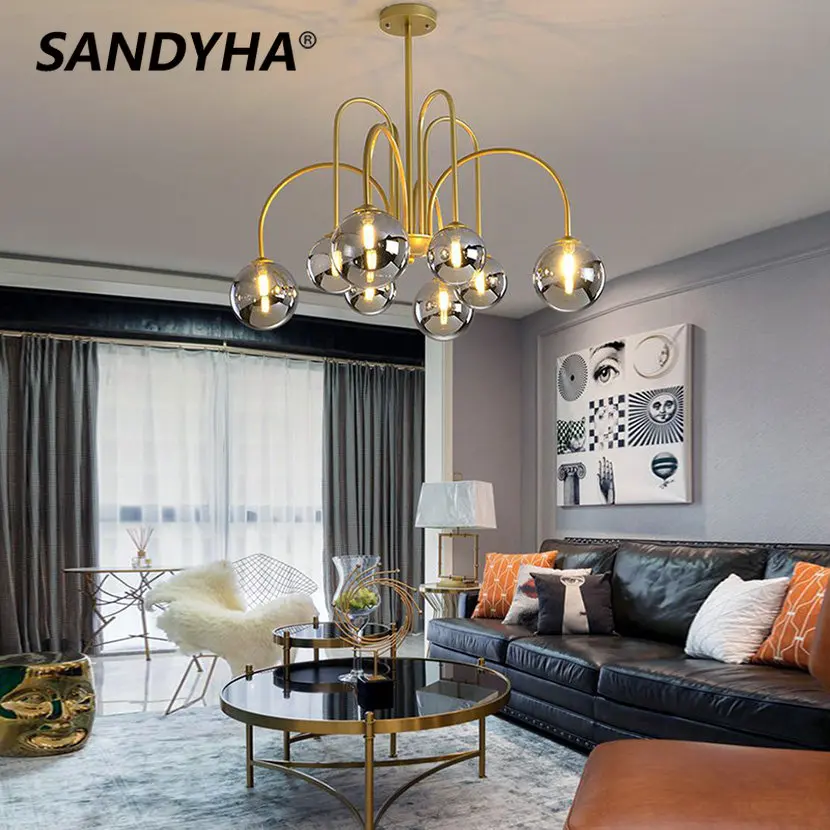 SANDYHA Glass Chandelier LED Hand Blown White Ball Bent Iron Spider Molecular Ceiling Lamp Live Dining Room Vintage Lights