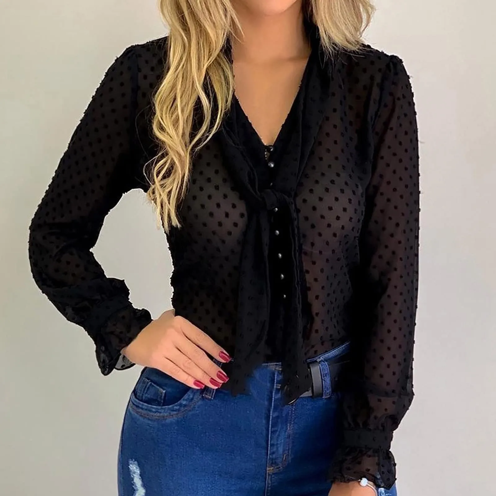 Блузка женская с V-образным вырезом повседневная пикантная рубашка завязками Топ