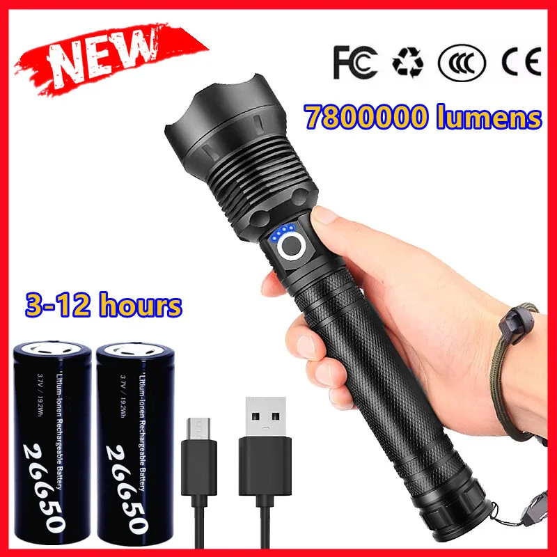 

Most Powerful LED Flashlight USB Rechargeable LED Torch Light Waterproof Zoom Hand Lamp 18650 XHP90 xhp70Tactical Flashlight