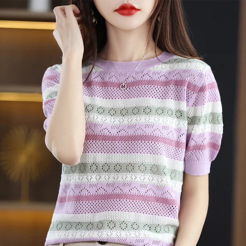 100% Cotton T-Shirt Summer New O Neck Hollow Knit Women's Short Sleeve Sweater Thin Pullover Ladies Top promotion |