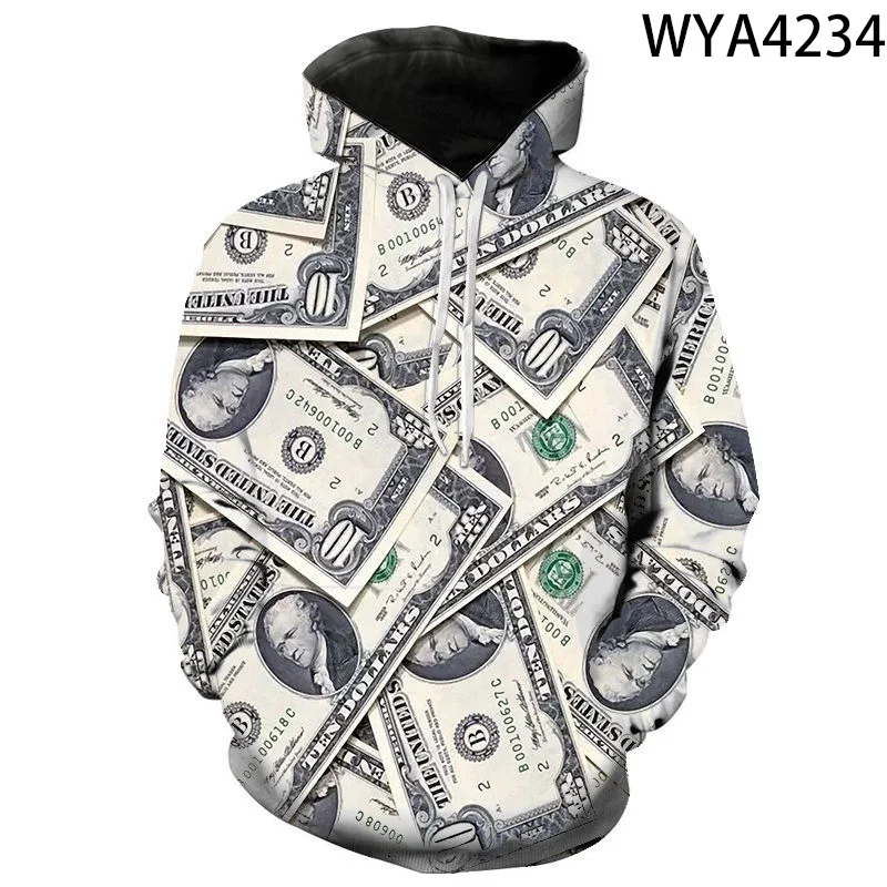 

Men's and women's hoodies, 3D printed street clothes, US dollars. U.S.A. Money, boys' and girls' jacket suit