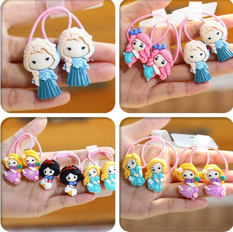 

2 Pcs/set Cute Cartoon Scrunchies Elastic Hair Bands For Girls Doesn't Hurt Hair Rubber Bands Headband Princess Hair Accessories