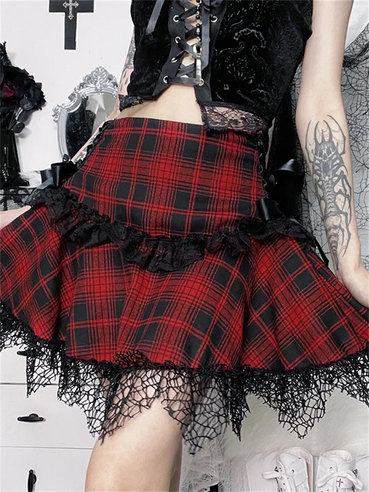 

Gothic Dark College Style Skirt Harajuku Retro High Waist Lace Plaid Uniform Slimming a Swing Ultra-short Mini Skirt Vintage Emo