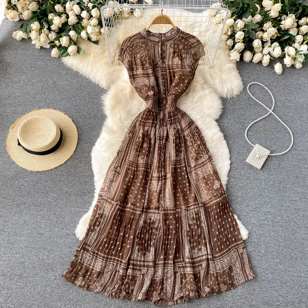 

Vintage Print Dress Women Summer Fashion V-neck Sleeveless Boho Dresses Ladies Elegant High Waist A Line Party Dress