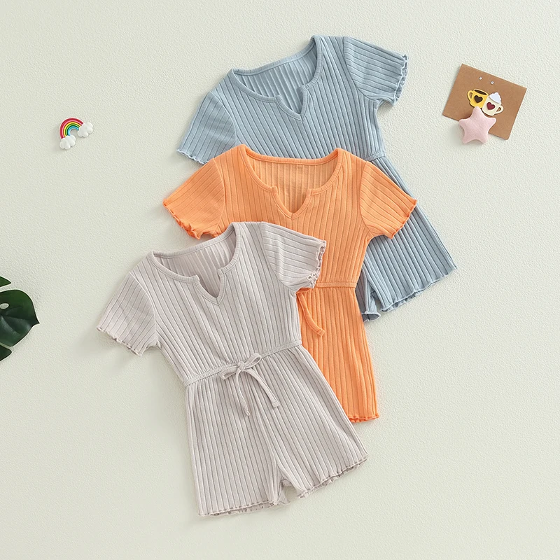 

Infant Baby Girls Ribbed Jumpsuit Casual Solid Color Short Sleeve Romper Shorts Summer Playsuit Outfits for Toddler 6M-4Y