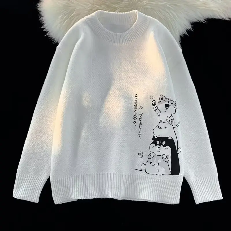 Pullover Knitted Casual Harajuku Student Japanese Anime Cat Print Black White Basic Sweater 2022 Autumn Winter Warm Men Women