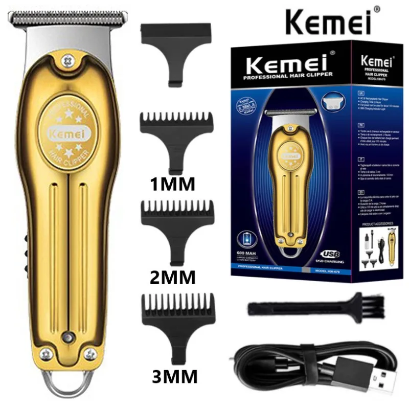 Kemei Professional Hair Trimmer Gold Clipper Men Rechargeable Barber Cordless Hair Cutting Machine Men 0mm Bareheaded T-blade