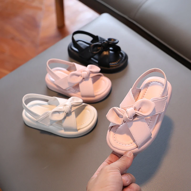 

Toddler Girl's Sandals Pu Leather Solid Color Chunky Sole Children Sliders Hook-loop 21-30 Cross Band Baby Girl Beach Sandal