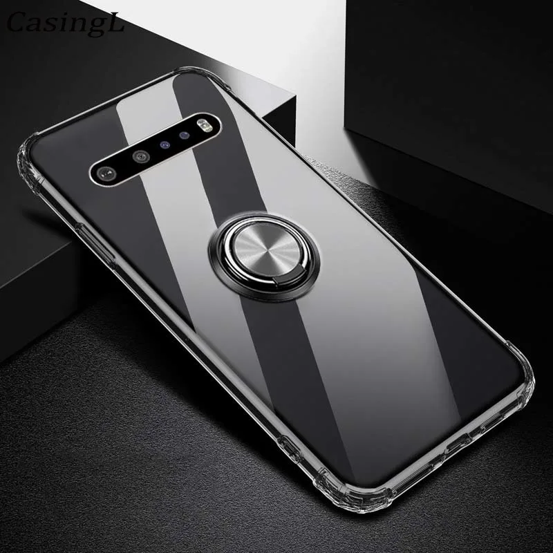 Силиконовый прозрачный чехол с кольцом для LG V60 ThinQ мягкие углы подушки