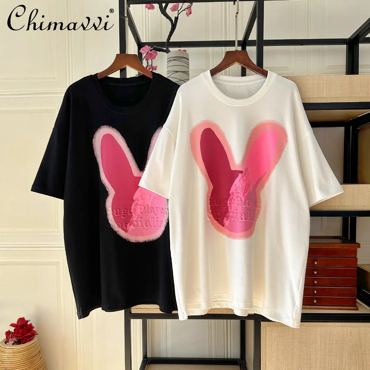 

Spring Summer Casual Embossed Letters Colorful Big Rabbit Large Short Sleeve T-shirt Women's Fashion Loose Cotton Trendy T-shirt