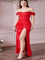 new summer dresses womens suspenders short sleeved solid color dress one word neck halter fishbone slit red sexy dress