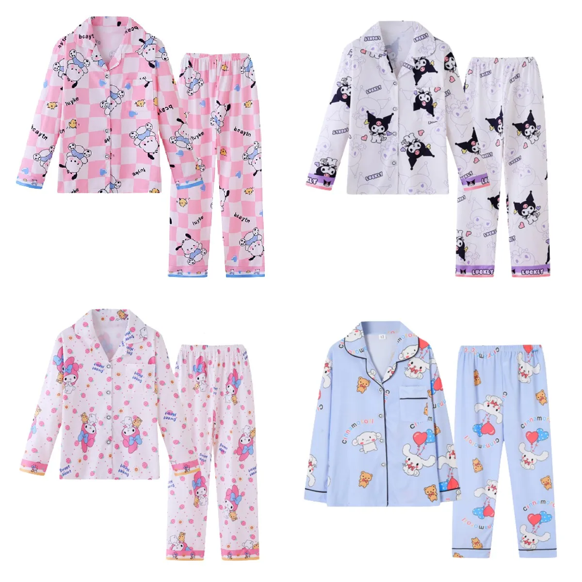 

Kawaii Sanrios Hello Kitty Long-sleeved Pajamas Children Anime Cinnamoroll Kuromi Fall Boy Girls Loose Lapel Pajamas Set