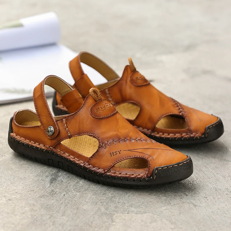 

Outdoor Genuine Leather Men's Sandals Summer Non-slip Anti-collision Toe Beach Casual Shoes Walking Hiking Travel Shoes Men