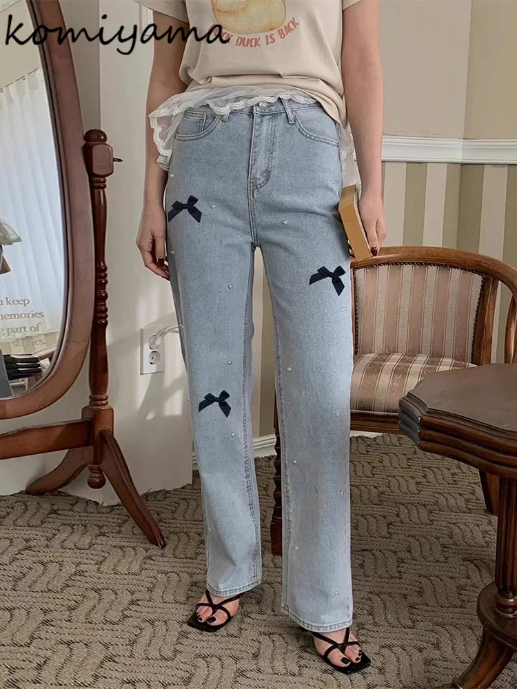 Джинсы с бантом и стразами в стиле пэчворк высокая талия Pantalones Mujer женские
